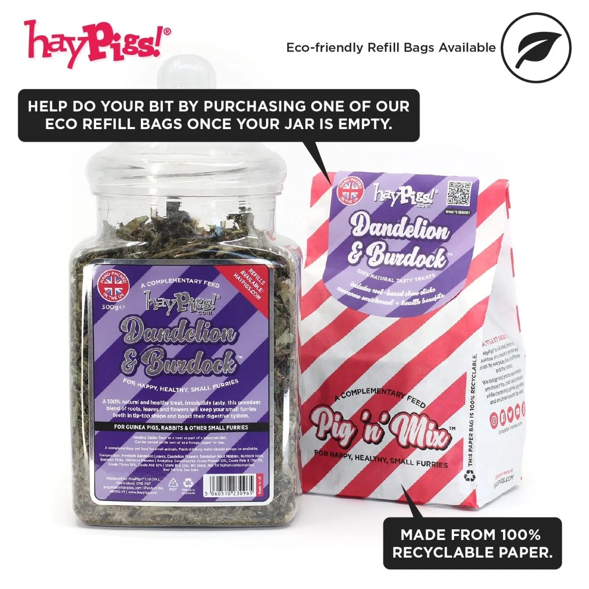 HayPigs Pig n Mix Dandelion Burdock snack 300g pot