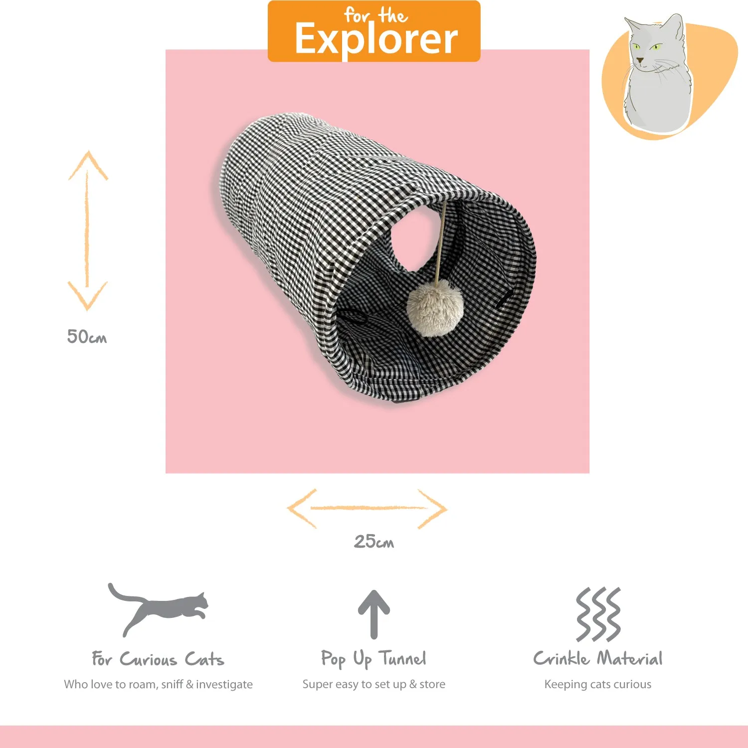 Nature First Tabby Patch Black Check kattentunnel met ritsel