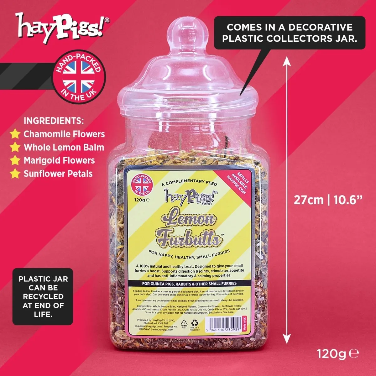 HayPigs Pig'n'Mix Lemon Furbutts snack 120g grote pot kruiden