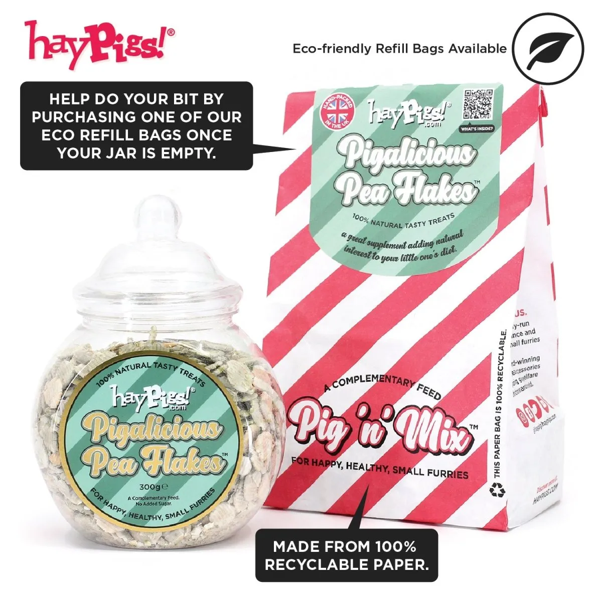 HayPigs Pig n Mix Pigalicious Pea Flakes snack 300g kleine pot
