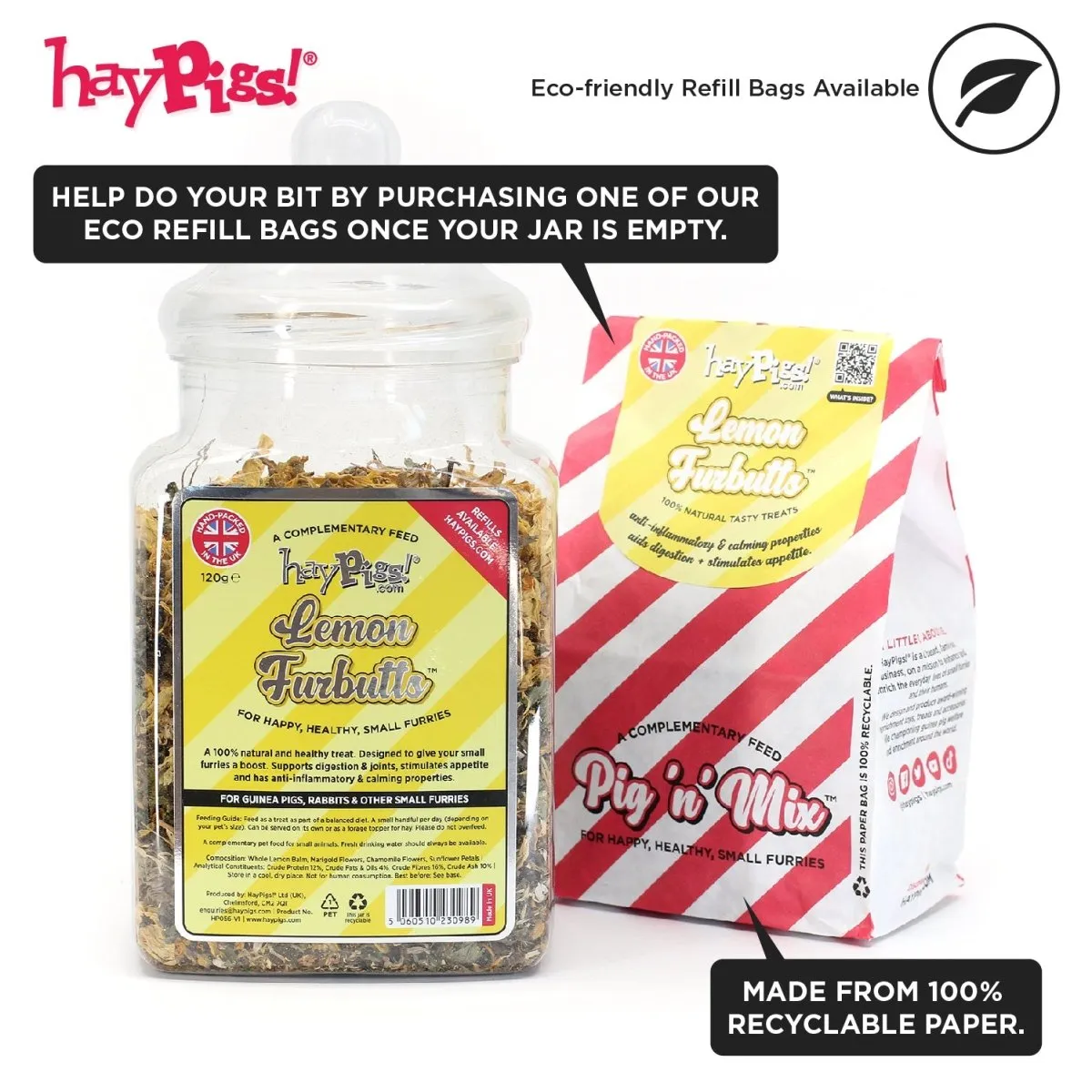 HayPigs Pig'n'Mix Lemon Furbutts snack 120g grote pot kruiden